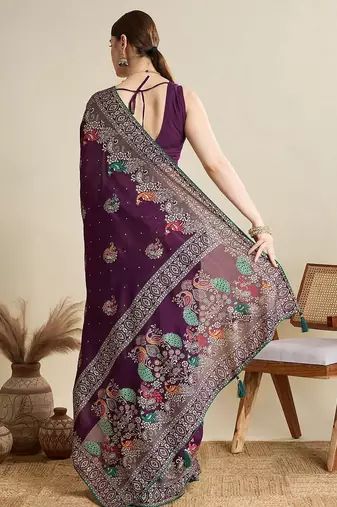 Magenta floral printed zari  banarasi saree