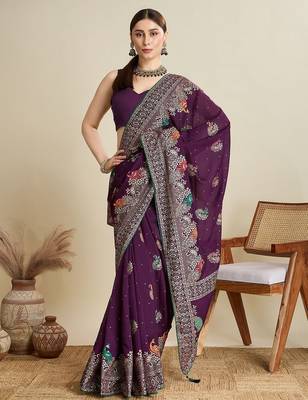 Magenta floral printed zari  banarasi saree 4