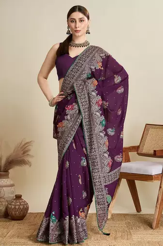 Magenta floral printed zari  banarasi saree