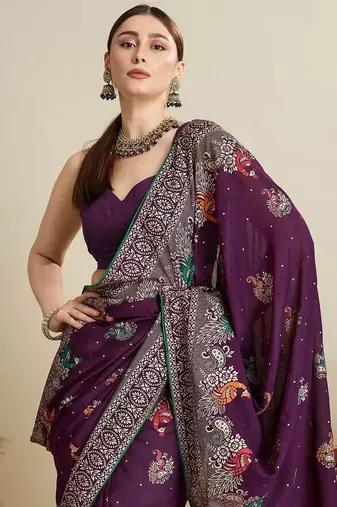 Magenta floral printed zari  banarasi saree