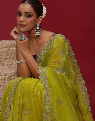 Lime embellished embroidered tissue saree 1