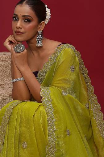 Lime embellished embroidered tissue saree