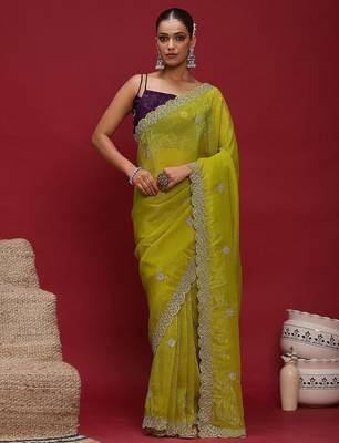 Lime embellished embroidered tissue saree 2
