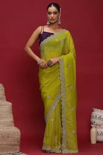 Lime embellished embroidered tissue saree