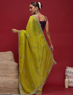 Lime embellished embroidered tissue saree 3
