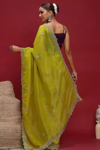 Lime embellished embroidered tissue saree
