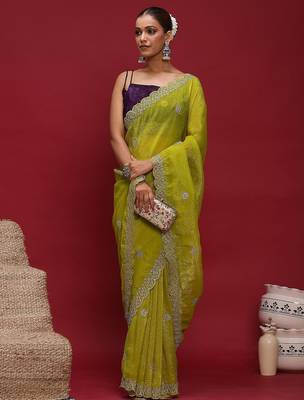 Lime embellished embroidered tissue saree 4