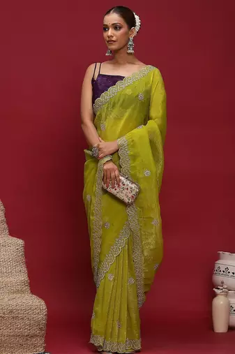 Lime embellished embroidered tissue saree