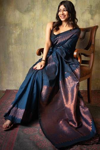 Navy blue silk blend banarasi saree
