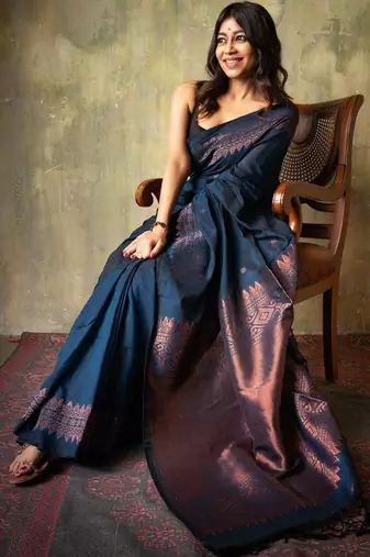 Navy blue silk blend banarasi saree