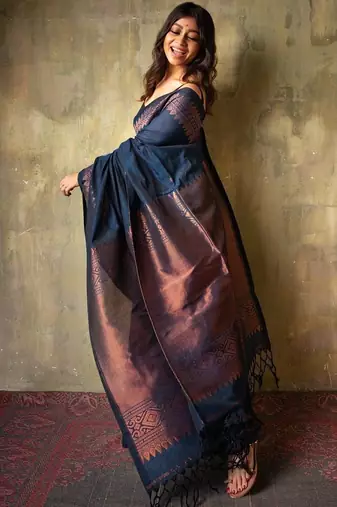 Navy blue silk blend banarasi saree