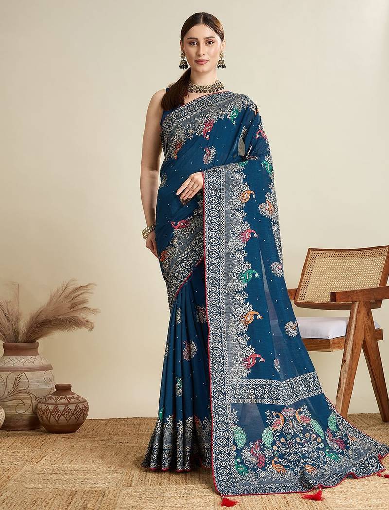 Teal ethnic motifs printed zari designer banarasi saree