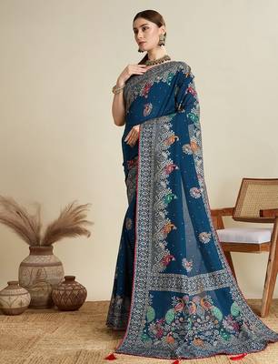 Teal ethnic motifs printed zari designer banarasi saree 2