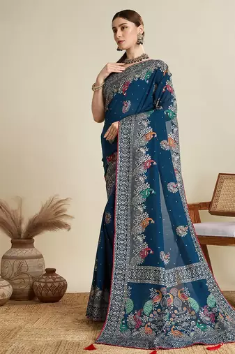 Teal ethnic motifs printed zari designer banarasi saree