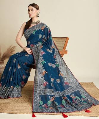 Teal ethnic motifs printed zari designer banarasi saree 4