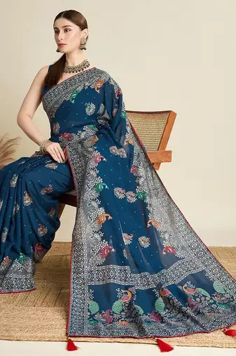Teal ethnic motifs printed zari designer banarasi saree