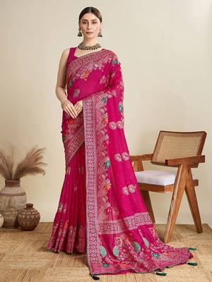 Pink floral printed silk cotton banarasi saree with unstitched blouse 1