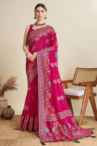 Pink floral printed silk cotton banarasi saree with unstitched blouse