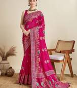 Pink floral printed silk cotton banarasi saree with unstitched blouse