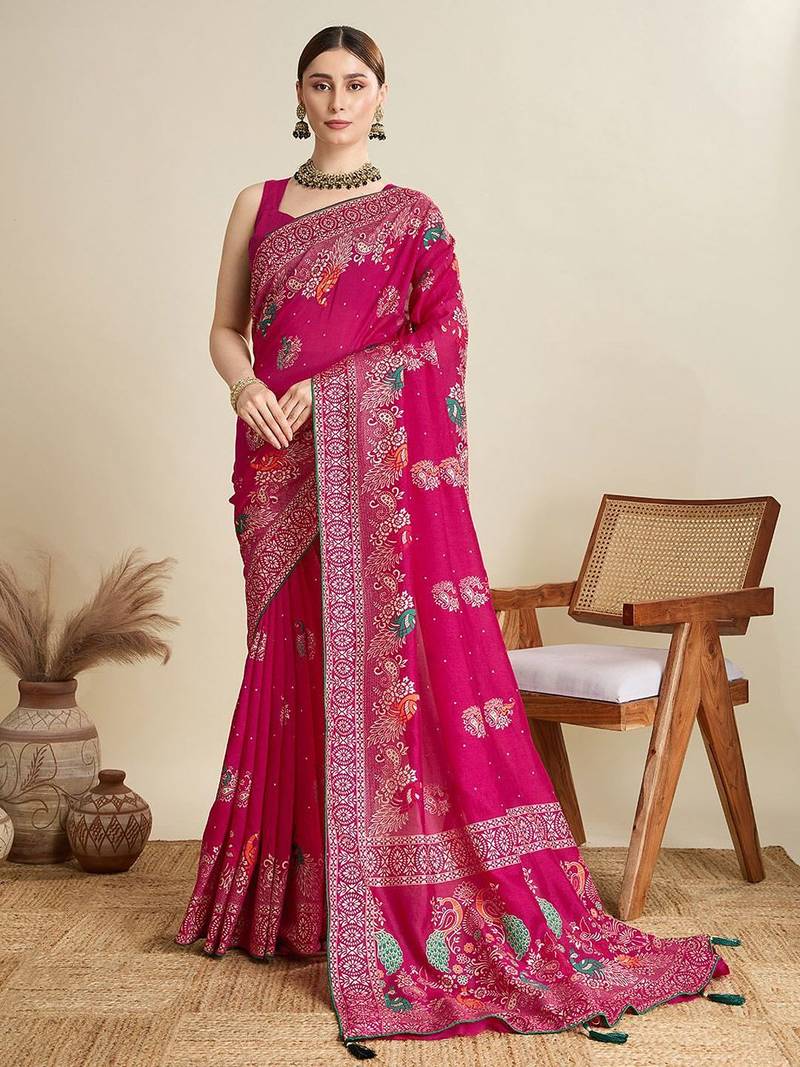 Pink floral printed silk cotton banarasi saree with unstitched blouse