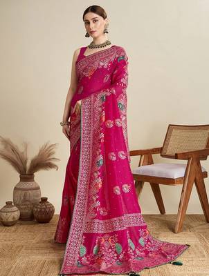 Pink floral printed silk cotton banarasi saree with unstitched blouse 2