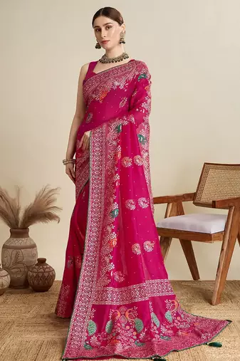 Pink floral printed silk cotton banarasi saree with unstitched blouse