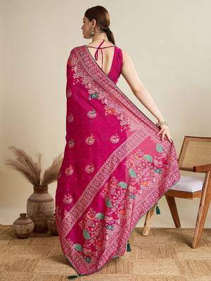 Pink floral printed silk cotton banarasi saree with unstitched blouse 3