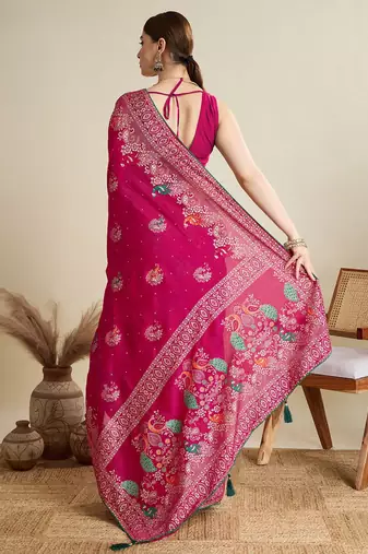 Pink floral printed silk cotton banarasi saree with unstitched blouse