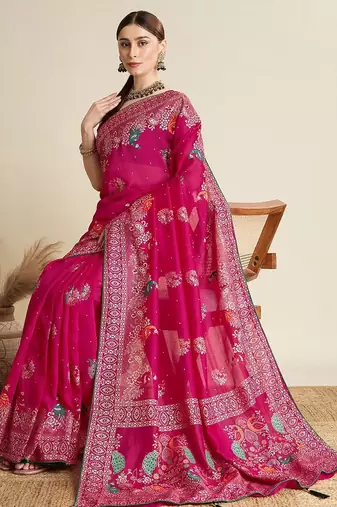Pink floral printed silk cotton banarasi saree with unstitched blouse