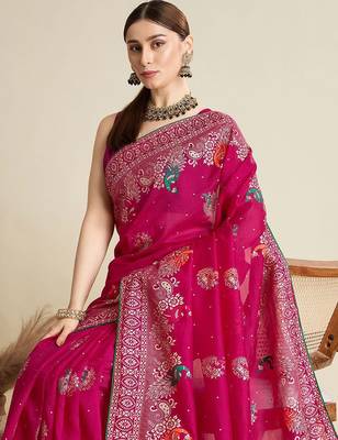 Pink floral printed silk cotton banarasi saree with unstitched blouse 5