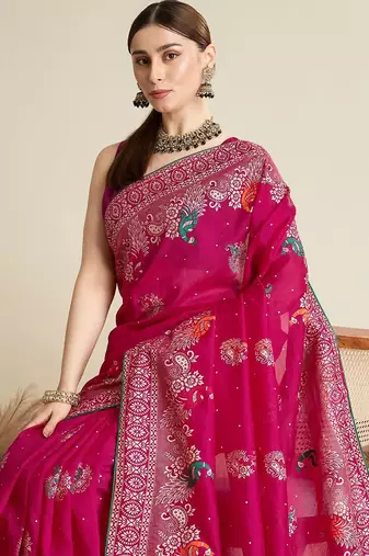 Pink floral printed silk cotton banarasi saree with unstitched blouse