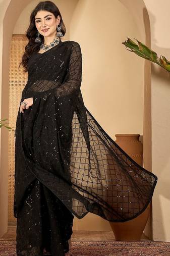 Black embellished sequinned saree with blouse piece