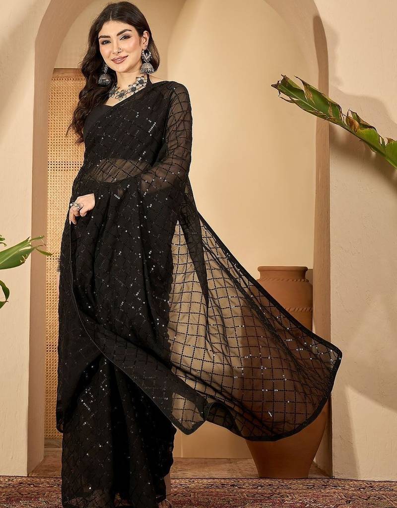 Black embellished sequinned saree with blouse piece
