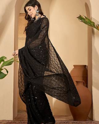 Black embellished sequinned saree with blouse piece 2