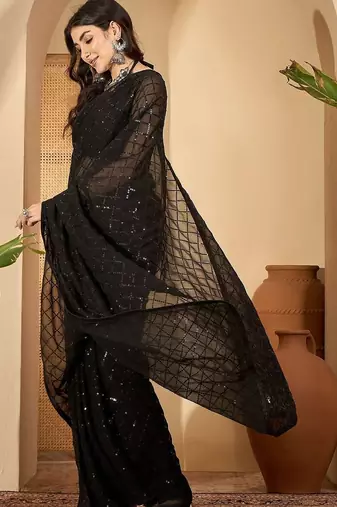 Black embellished sequinned saree with blouse piece