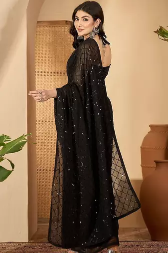 Black embellished sequinned saree with blouse piece