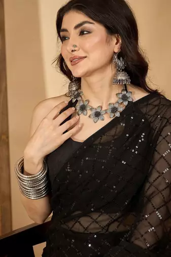 Black embellished sequinned saree with blouse piece