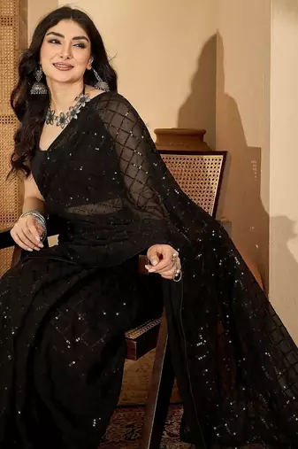 Black embellished sequinned saree with blouse piece