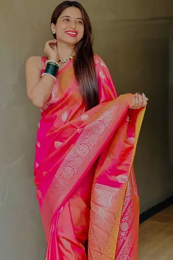 Pink ethnic motifs zari silk blend designer banarasi saree