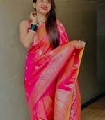 Pink ethnic motifs zari silk blend designer banarasi saree