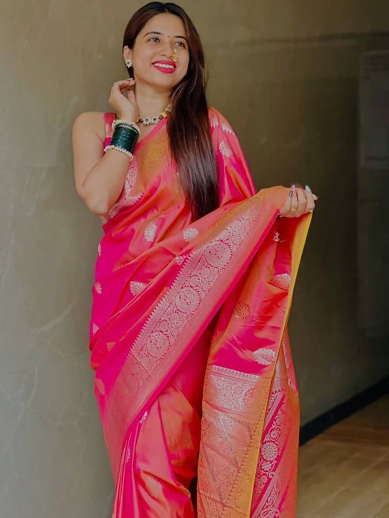 Pink ethnic motifs zari silk blend designer banarasi saree