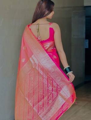 Pink ethnic motifs zari silk blend designer banarasi saree 2