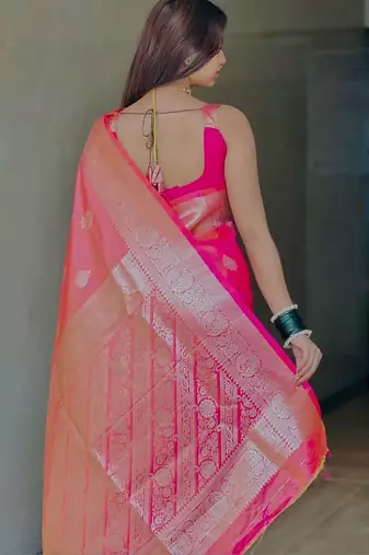 Pink ethnic motifs zari silk blend designer banarasi saree