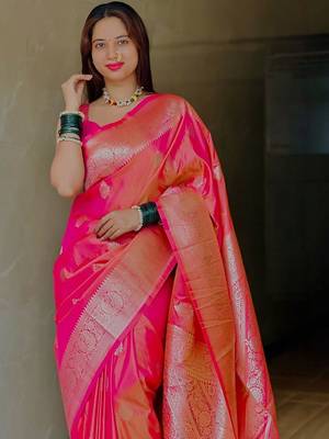 Pink ethnic motifs zari silk blend designer banarasi saree 3