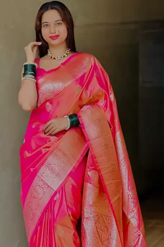 Pink ethnic motifs zari silk blend designer banarasi saree