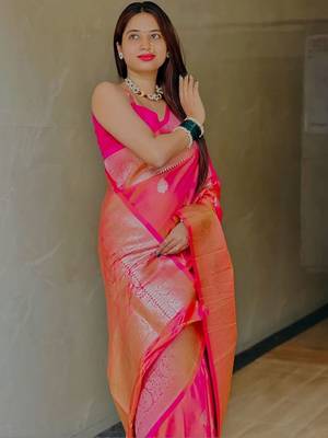 Pink ethnic motifs zari silk blend designer banarasi saree 4