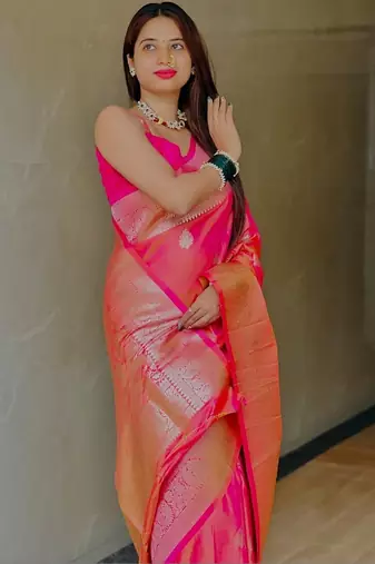 Pink ethnic motifs zari silk blend designer banarasi saree