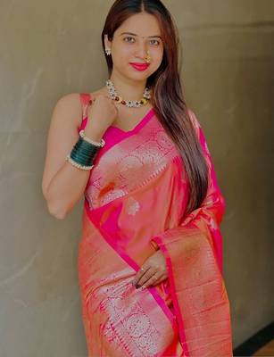 Pink ethnic motifs zari silk blend designer banarasi saree 5