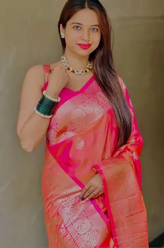 Pink ethnic motifs zari silk blend designer banarasi saree