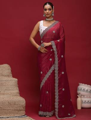 Red embellished zari tissue designer saree 1